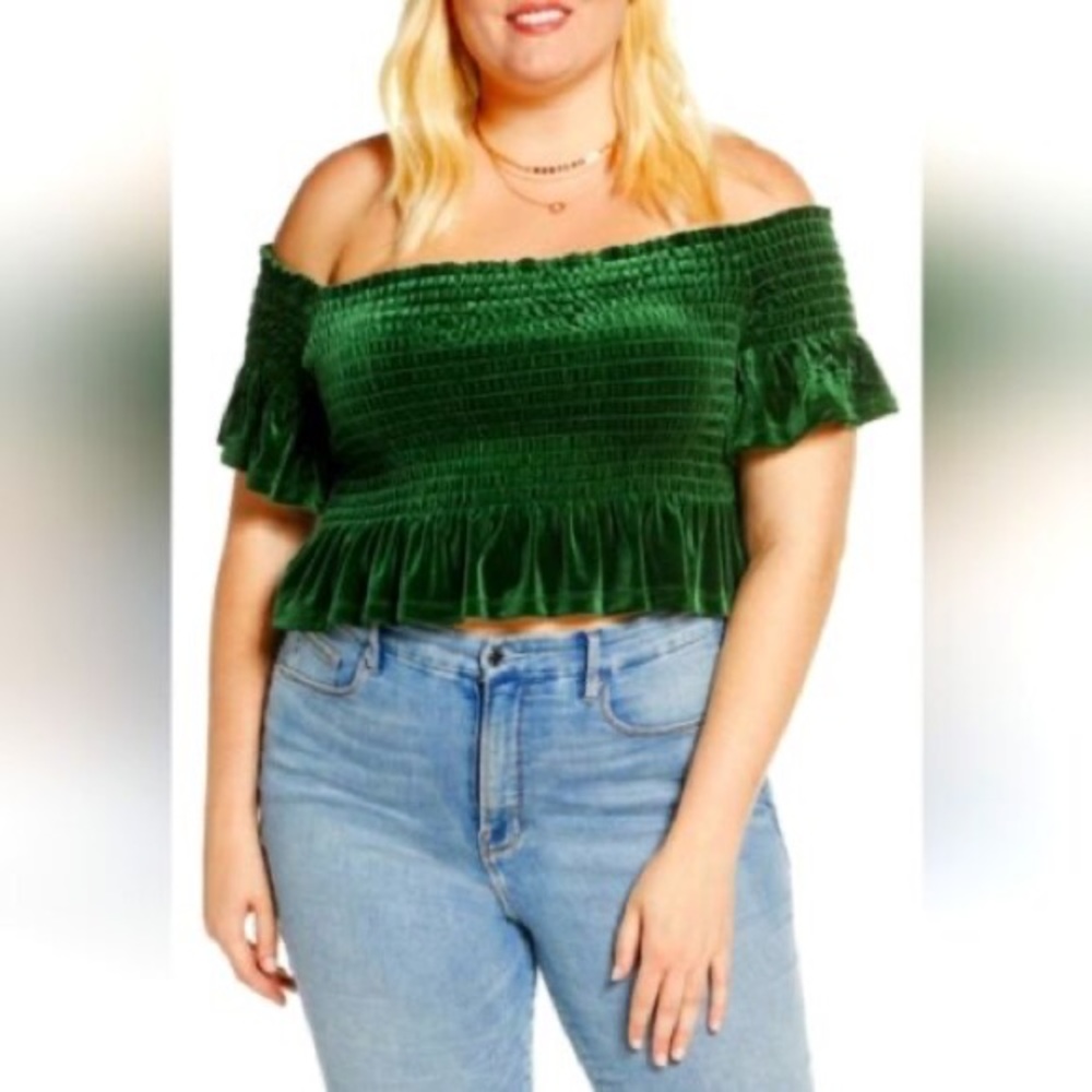 Brass Plum BP Velvet Emerald Green Off the Shoulder Top